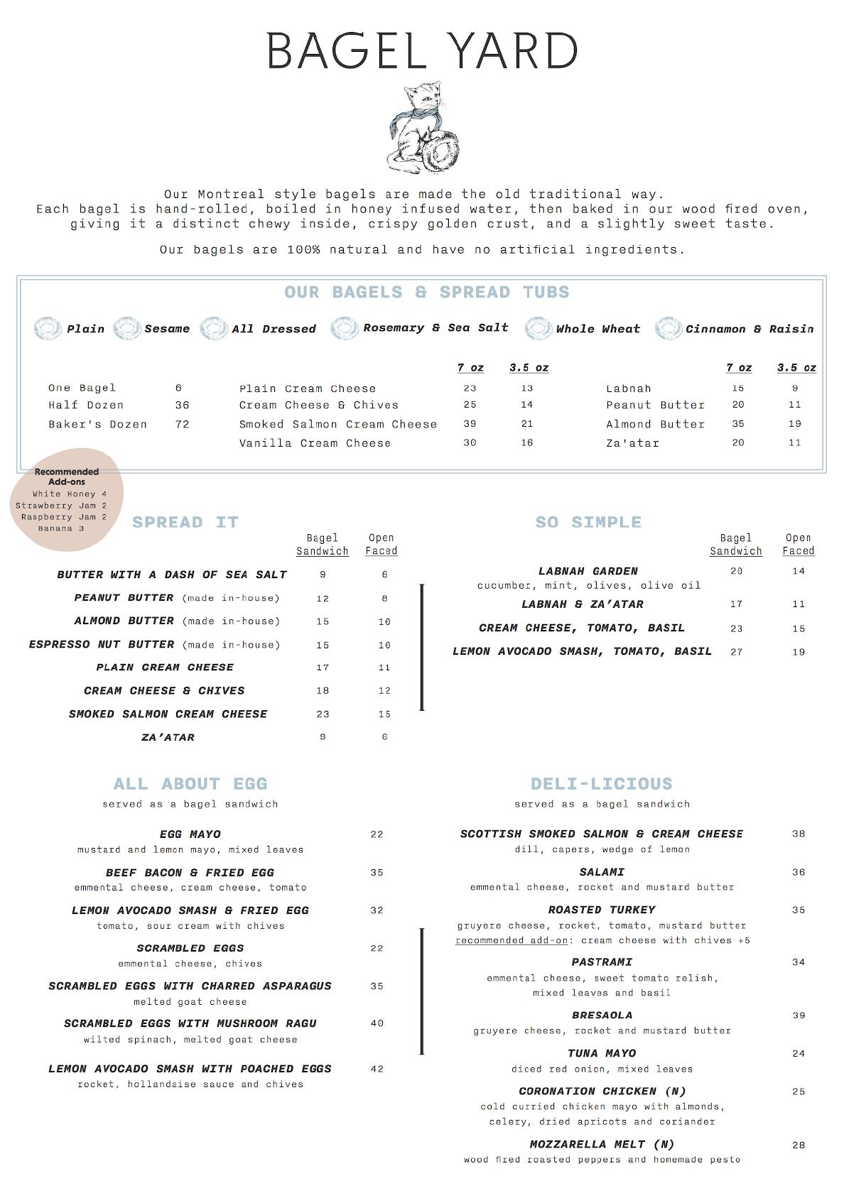 Menu at Bagel Yard cafe, Dubai