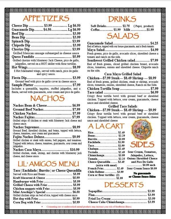 Menu at Casa Maya Mexican Grill restaurant, Shell Knob, State Hwy 39 ...