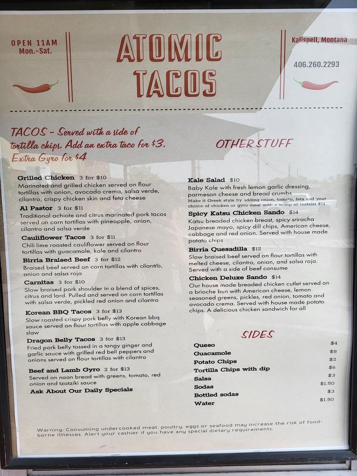 Menu at Atomic Tacos restaurant, Kalispell