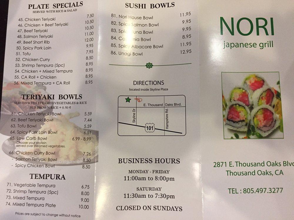 Menu at Nori Japanese Grill Thousand Oaks restaurant, Thousand Oaks