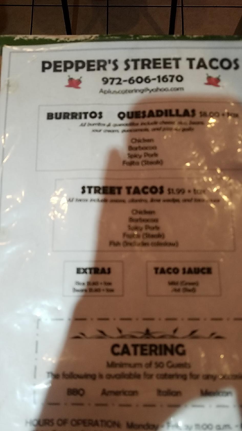 Menu at Pepper's Street Tacos restaurant, Grand Prairie