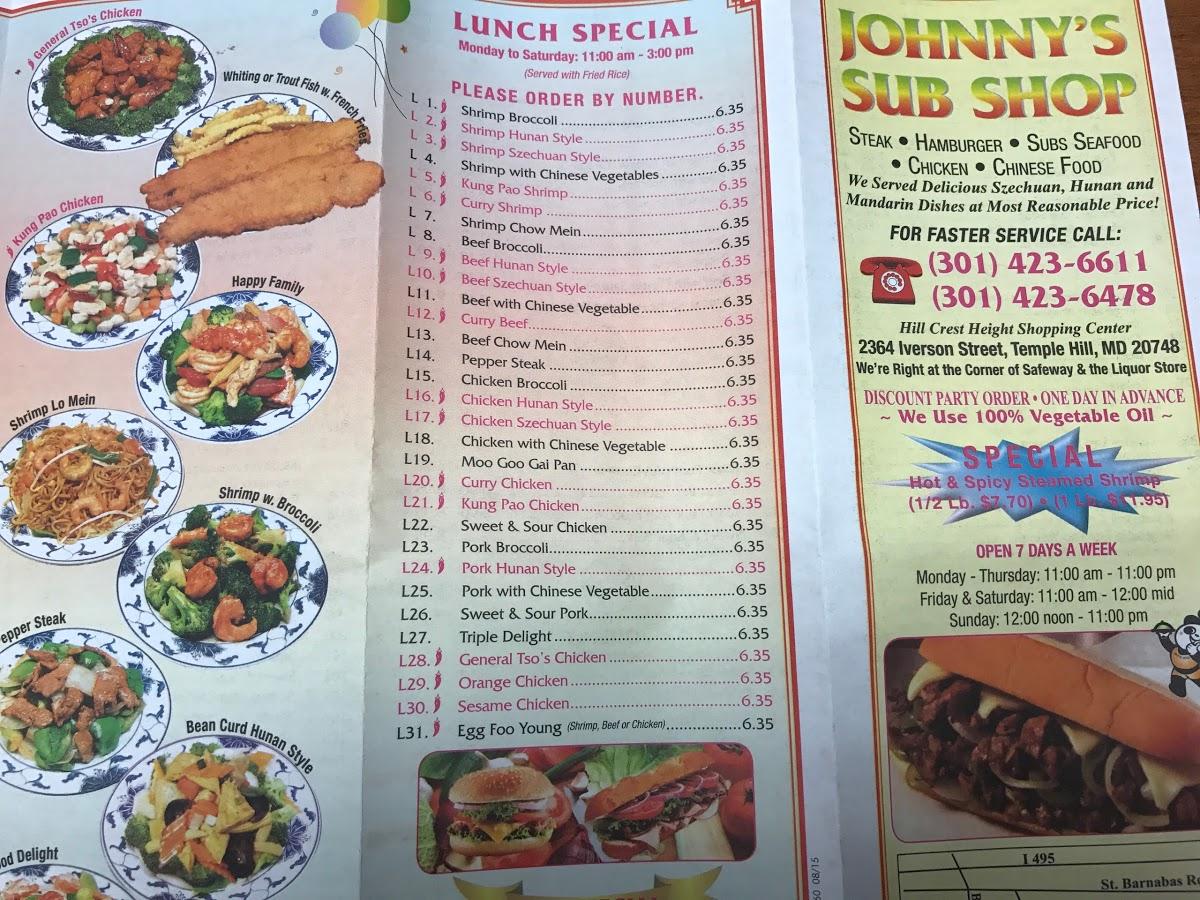 Menu at Johnny's Subs Shop restaurant, Hillcrest Heights, Iverson St