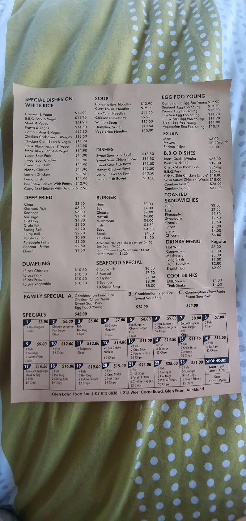 Menu at Glen Eden Foodbar, Auckland