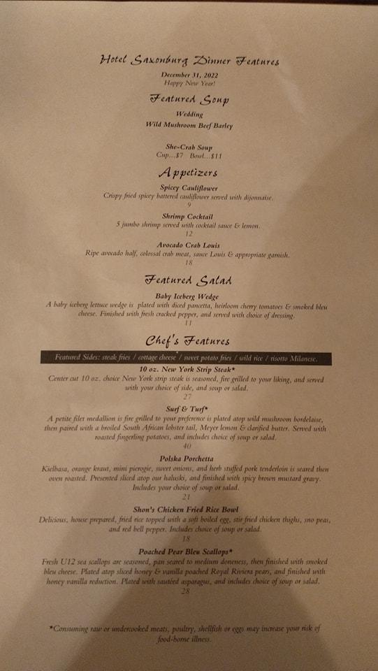 Menu at Hotel Saxonburg restaurant, Saxonburg