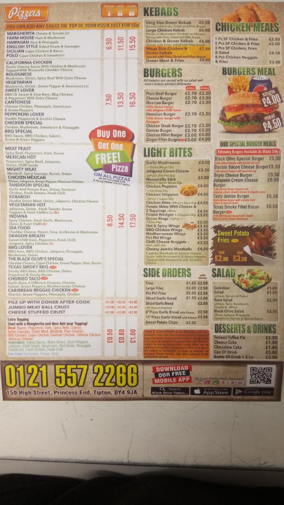Menu at The Black Olive pizzeria, Tipton