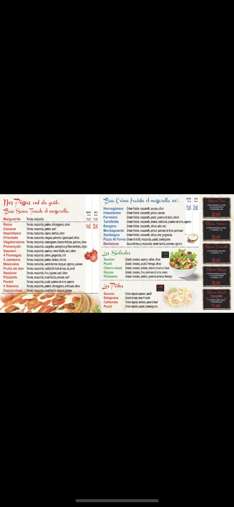 Menu au Pizza AL FORNO restaurant, Clamart