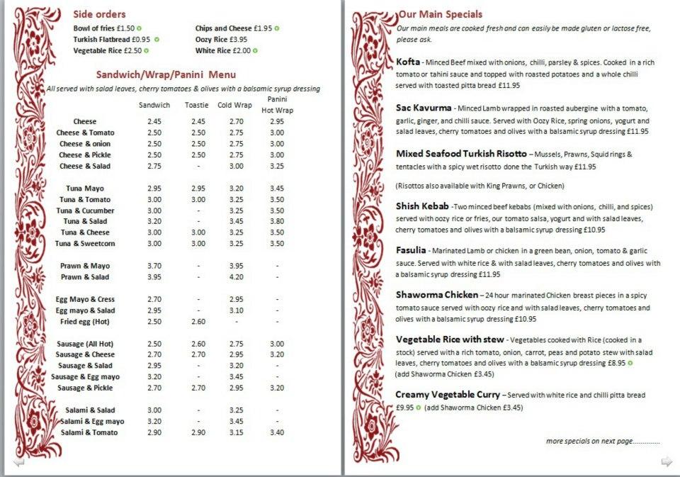 Menu at Cafe Des Amis, Sheffield