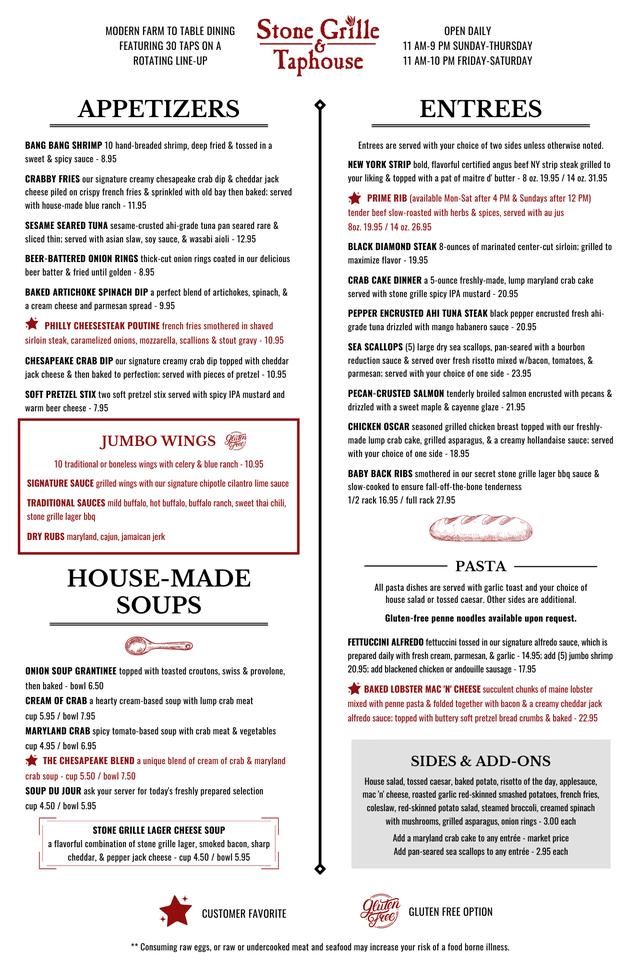 Menu at Stone Grille & Taphouse pub & bar, York