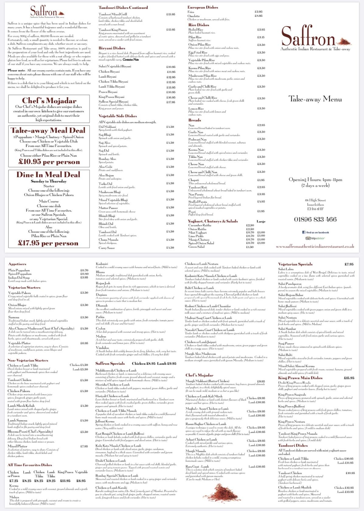 Menu at Saffron Innerleithen (Authentic Indian Restaurant and Takeaway), Innerleithen
