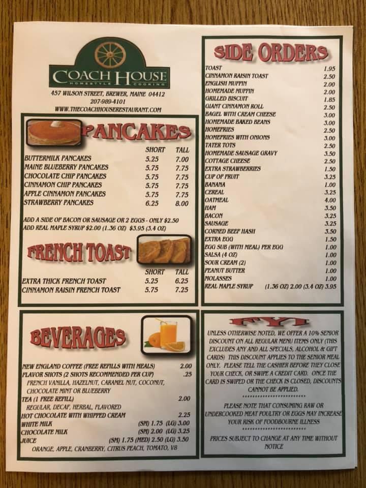 Menu at The Coach House Restaurant, Brewer