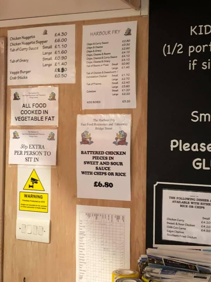 Menu at Harbour Fry fast food, Kirkwall