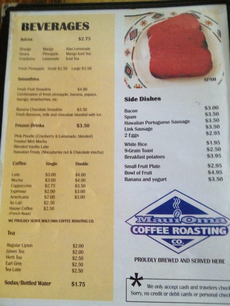 Menu at Sunrise Cafe, Lahaina