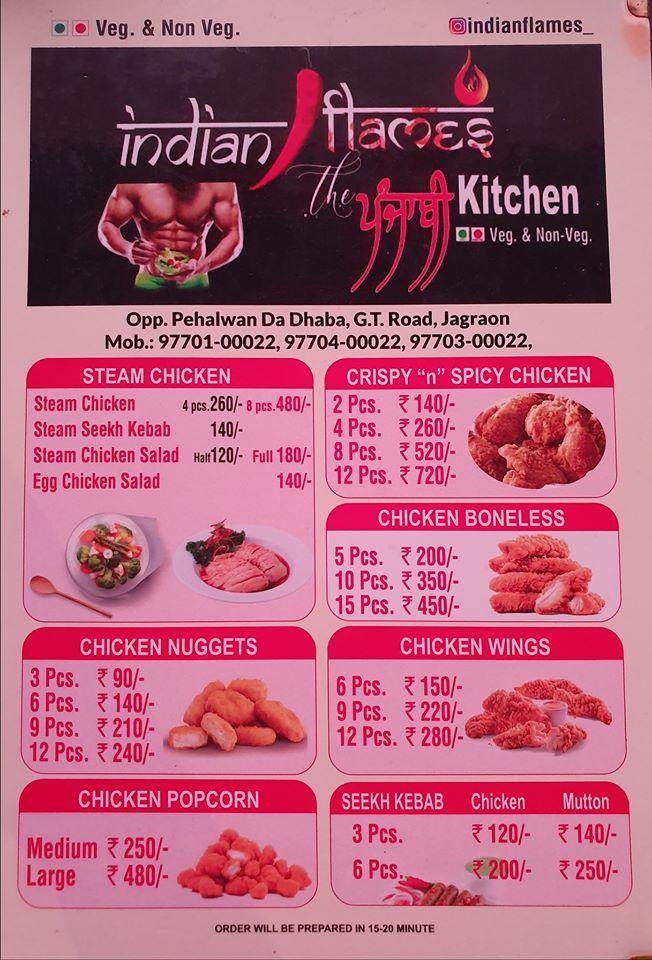 Menu at Indian Flames, Jagraon, indian Flames