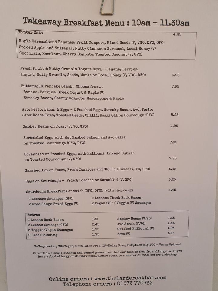 Menu at The Larder Oakham cafe, Oakham