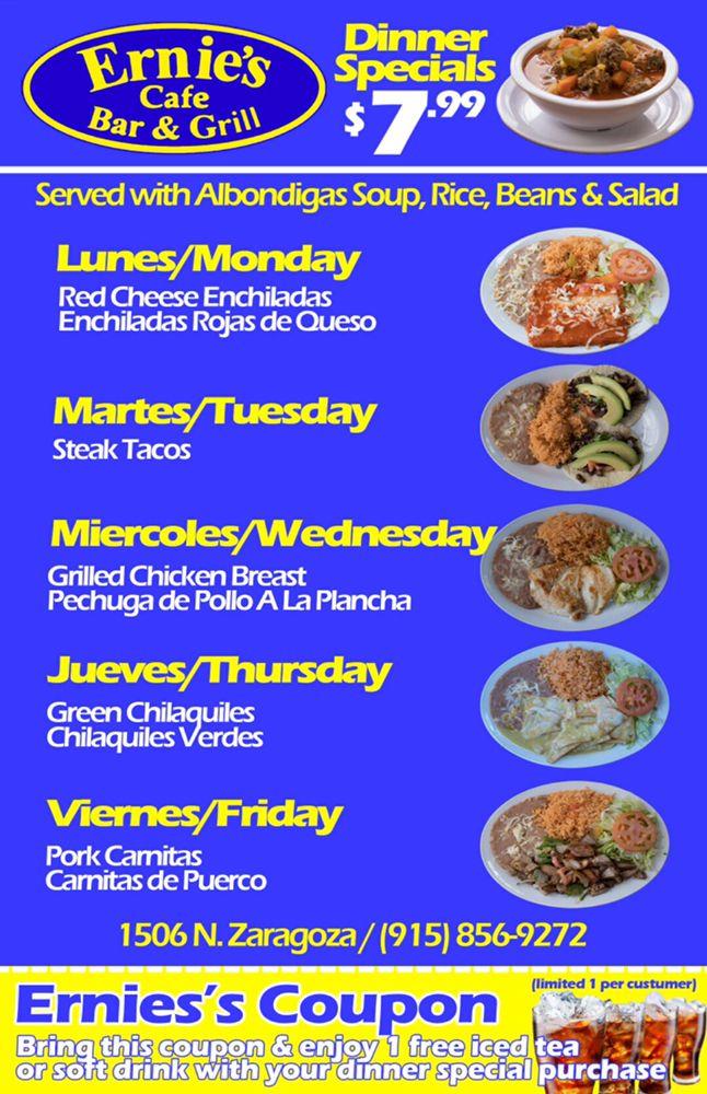 Menu at Ernie's Cafe Bar & Grill, El Paso, N Zaragoza Rd