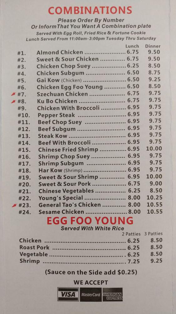 Menu at Young's Chinese Food Carryout restaurant, Royal Oak