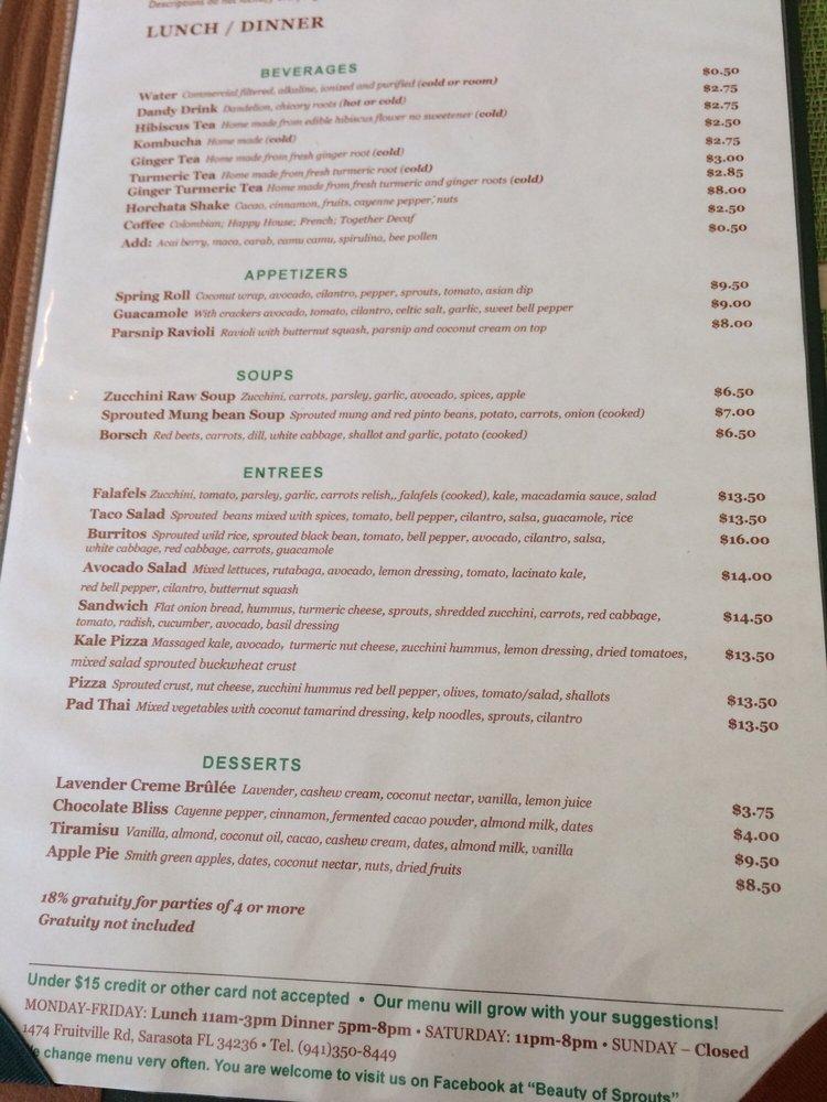 Menu at "Beauty of Sprouts" Vegan Organic Restaurant, Sarasota