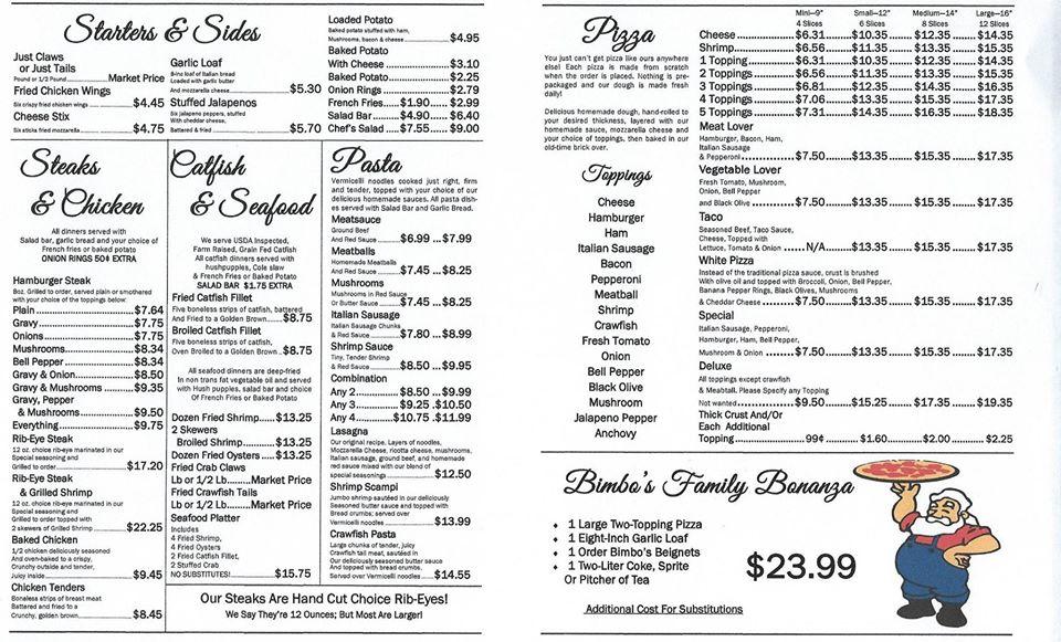 Menu at Bimbo's Family Restaurant, USA