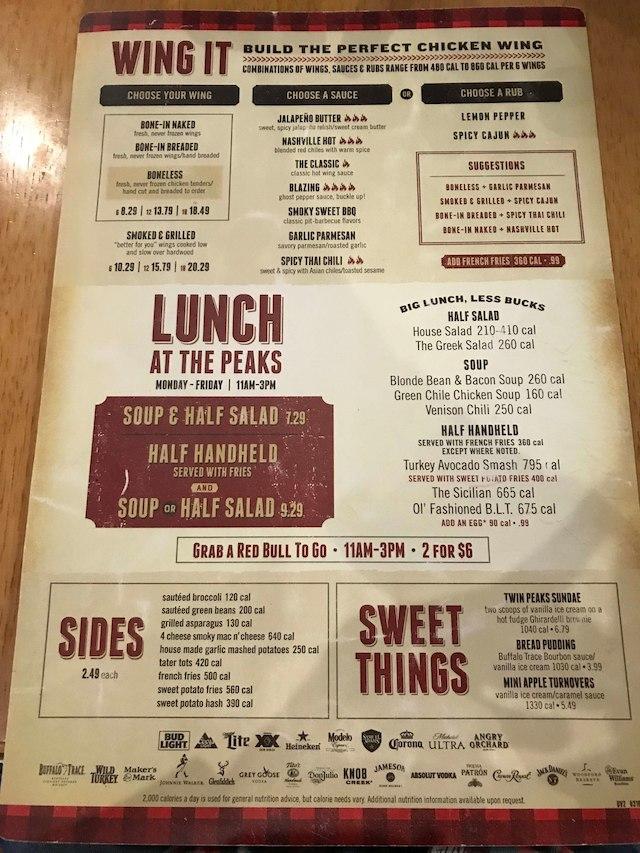 Menu at Twin Peaks pub & bar, San Angelo