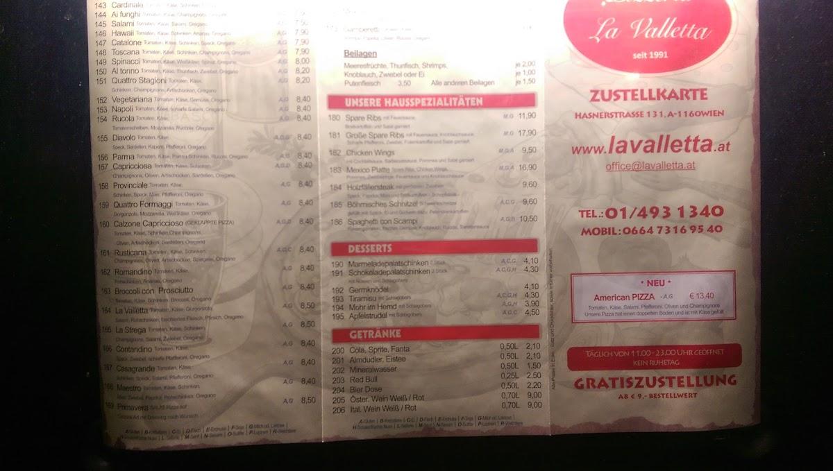 Speisekarte von Pizzeria Restaurant La Valletta, Wien