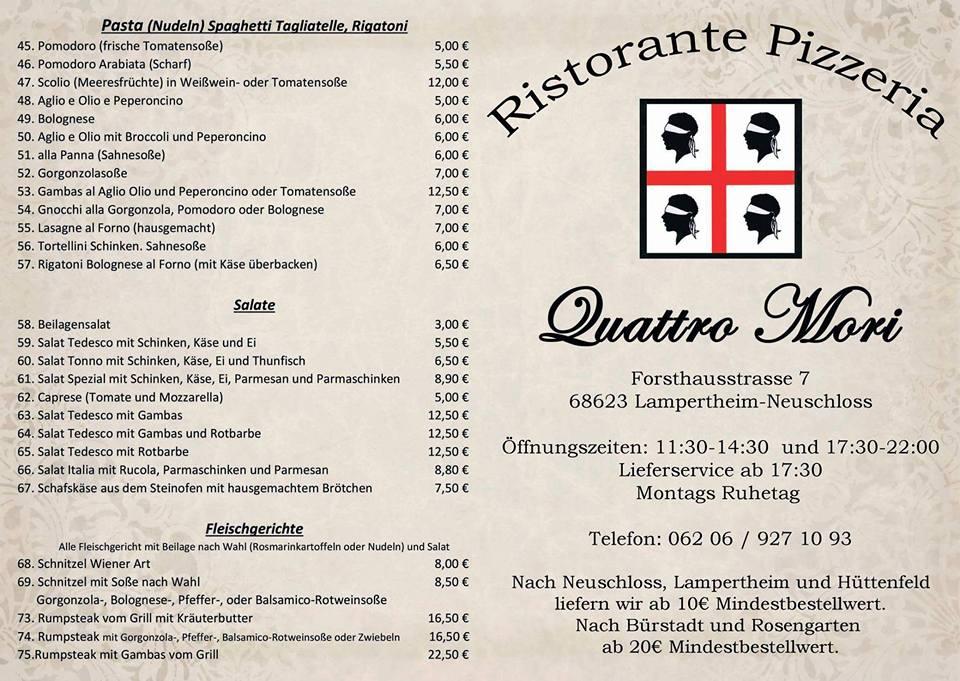 Speisekarte von Ristorante Pizzeria Quattro Mori, Lampertheim