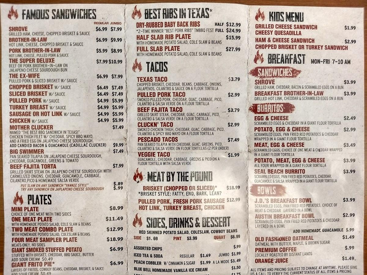 Menu at Stanley's Famous Pit Barbecue, Tyler