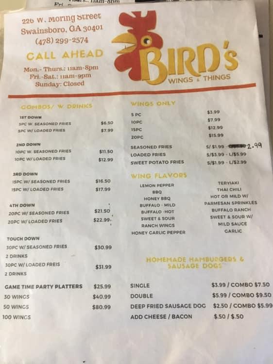 Menu at Bird's Wings and Things restaurant, Swainsboro