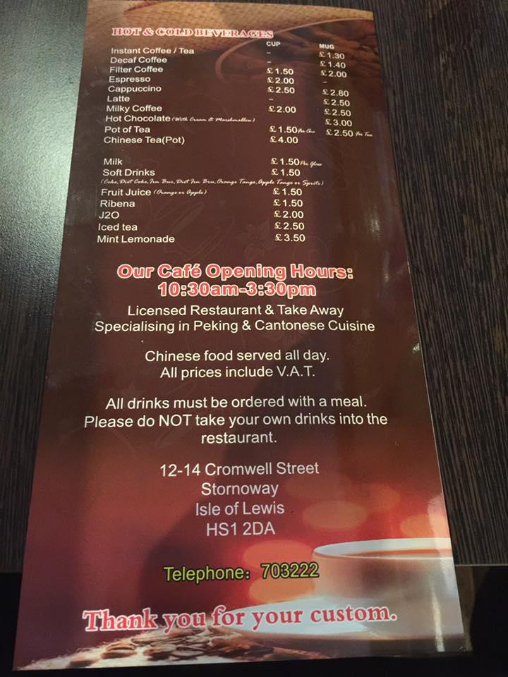 Menu at Golden Ocean restaurant, Stornoway