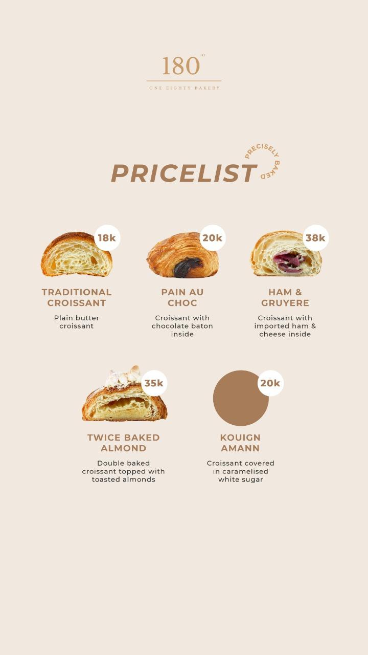 Menu at 180° Bakery and Coffee, Jakarta