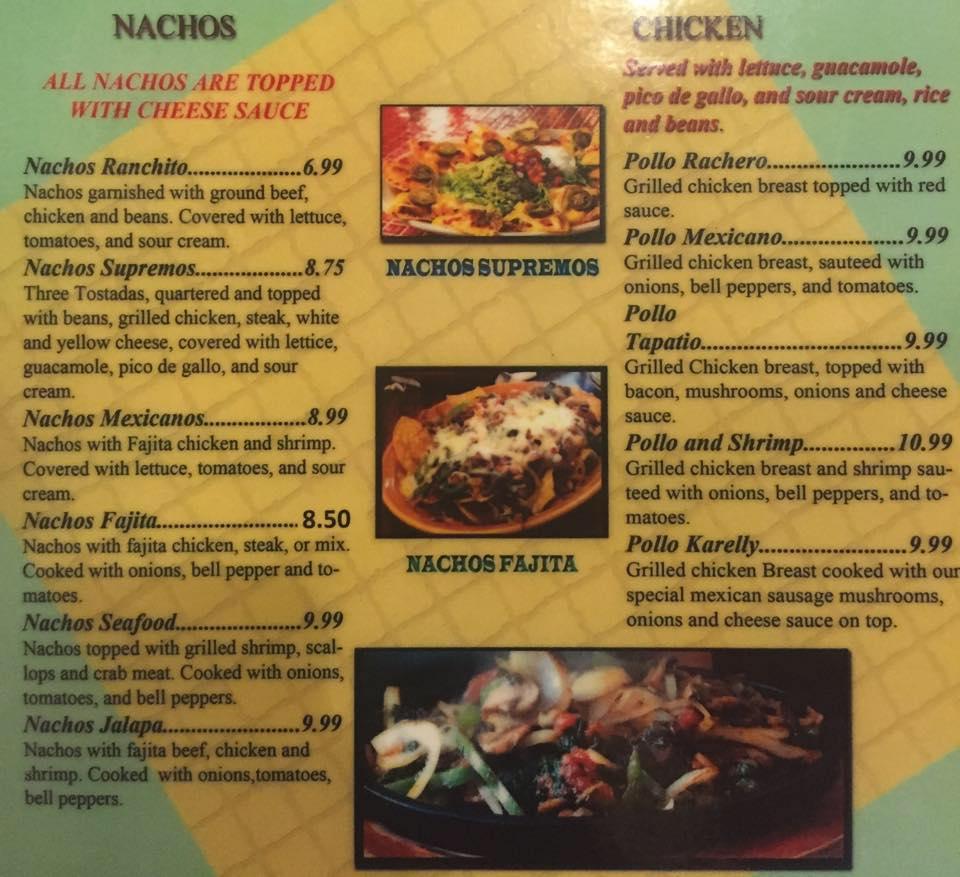 Menu at El Ranchito Mexican restaurant, Warren