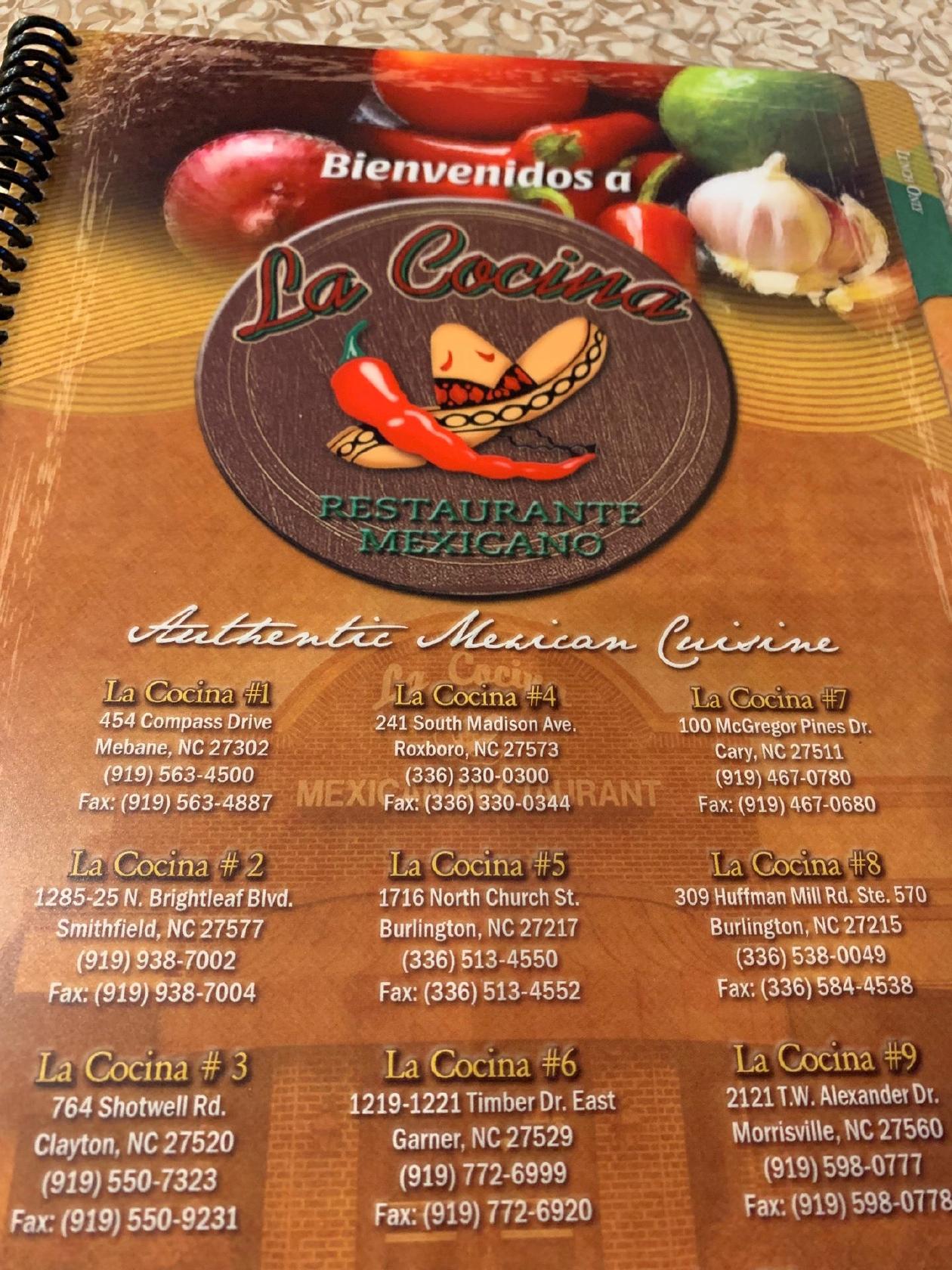 Menu at La Cocina Mexican Restaurant, Hope Mills, Footbridge Ln