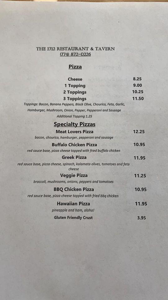 Menu at 1712 Restaurant & Tavern, Dighton