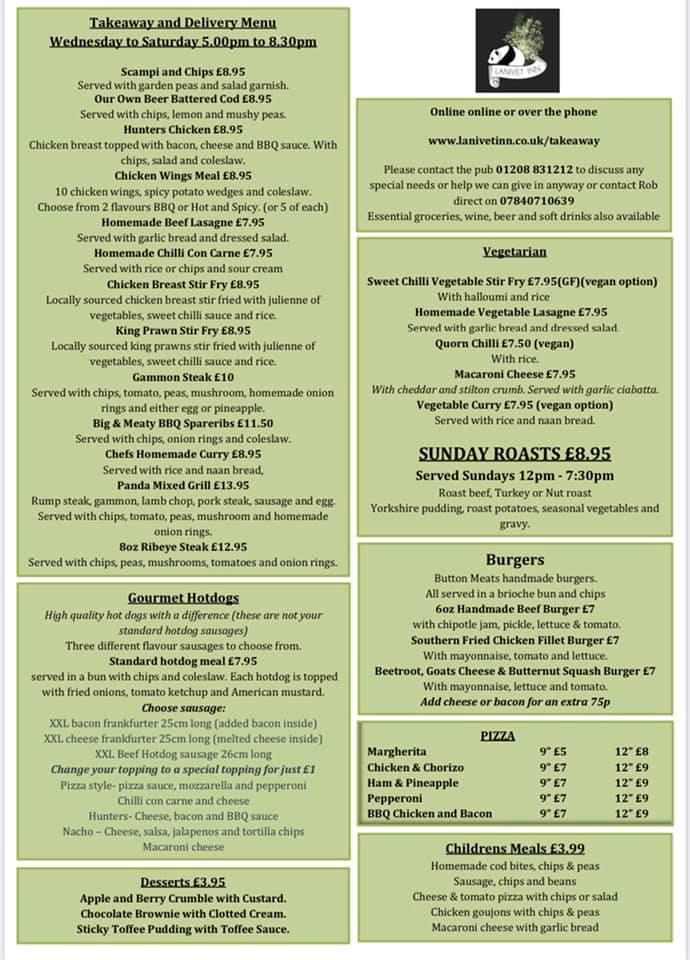 Menu at Lanivet Inn pub & bar, Bodmin