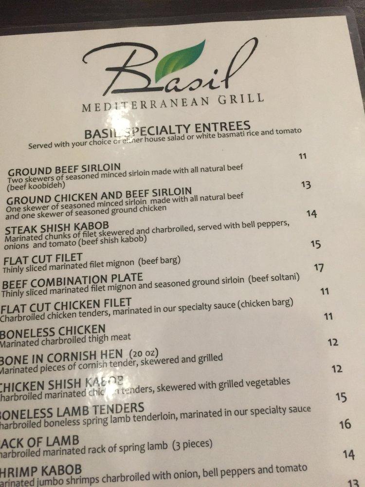 Menu at Basil Mediterranean Grill restaurant, Costa Mesa