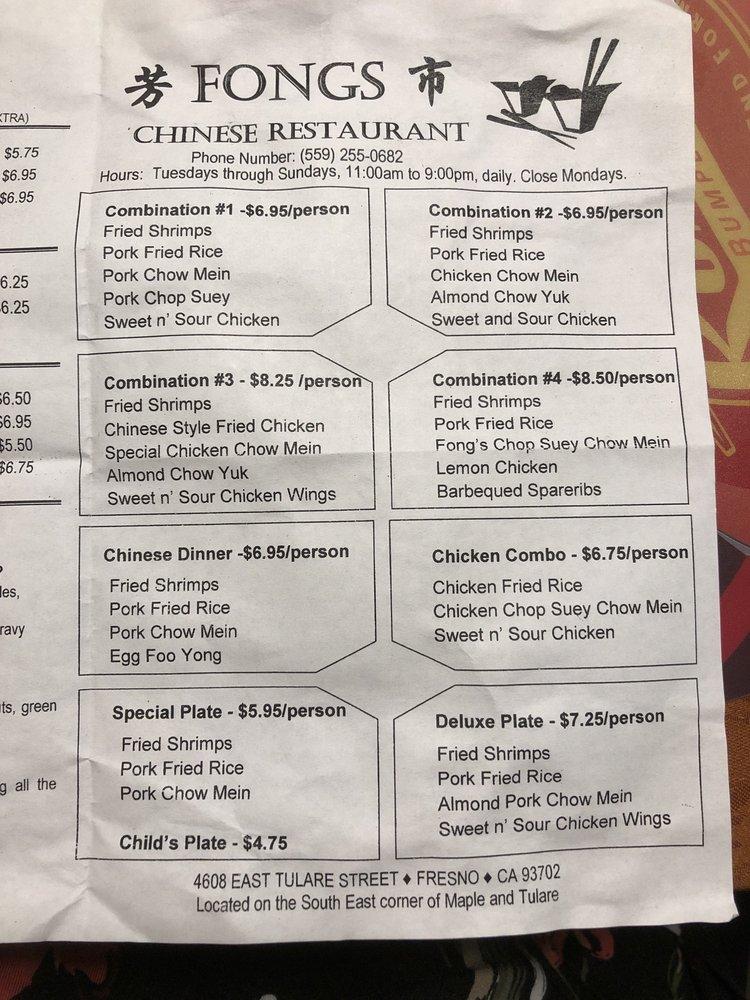 Menu at Fong's Chinese Restaurant, Fresno