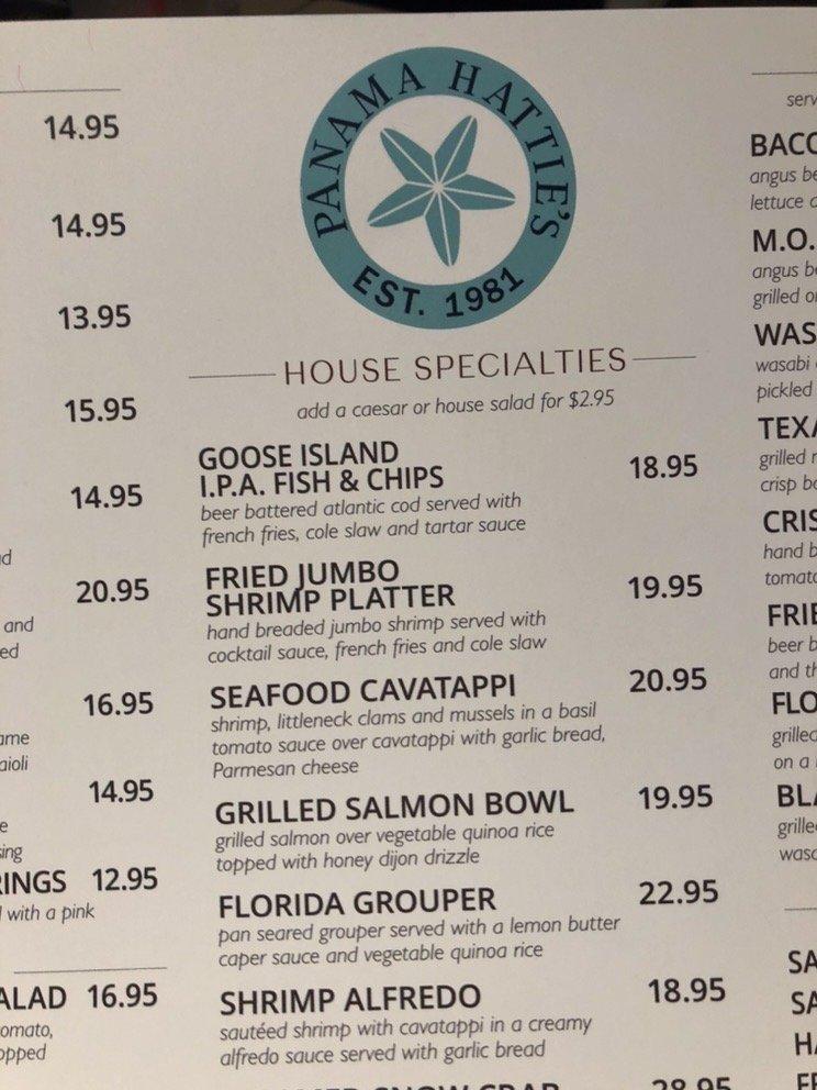 Menu at Panama Hattie's pub & bar, Saint Augustine Beach