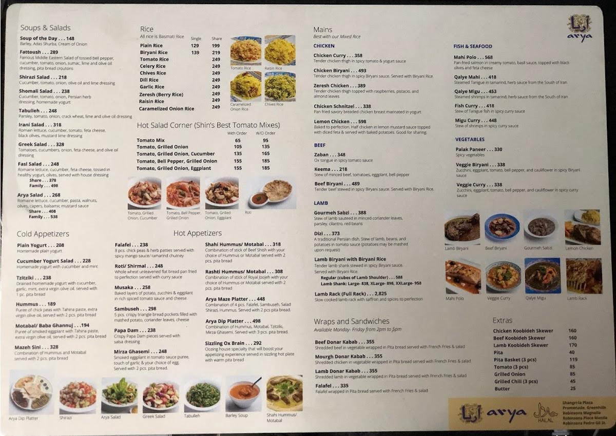 Menu at Arya Persian Restaurant, Manila, Zone 072, Level 2 Space 161 ...