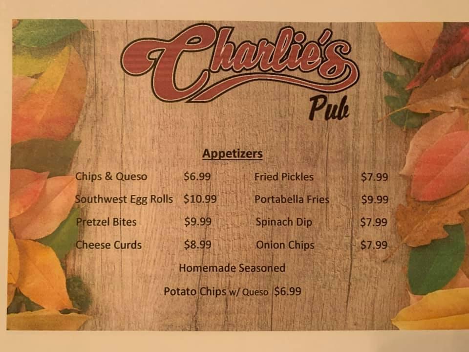 Menu at Charlie's Pub, Milligan