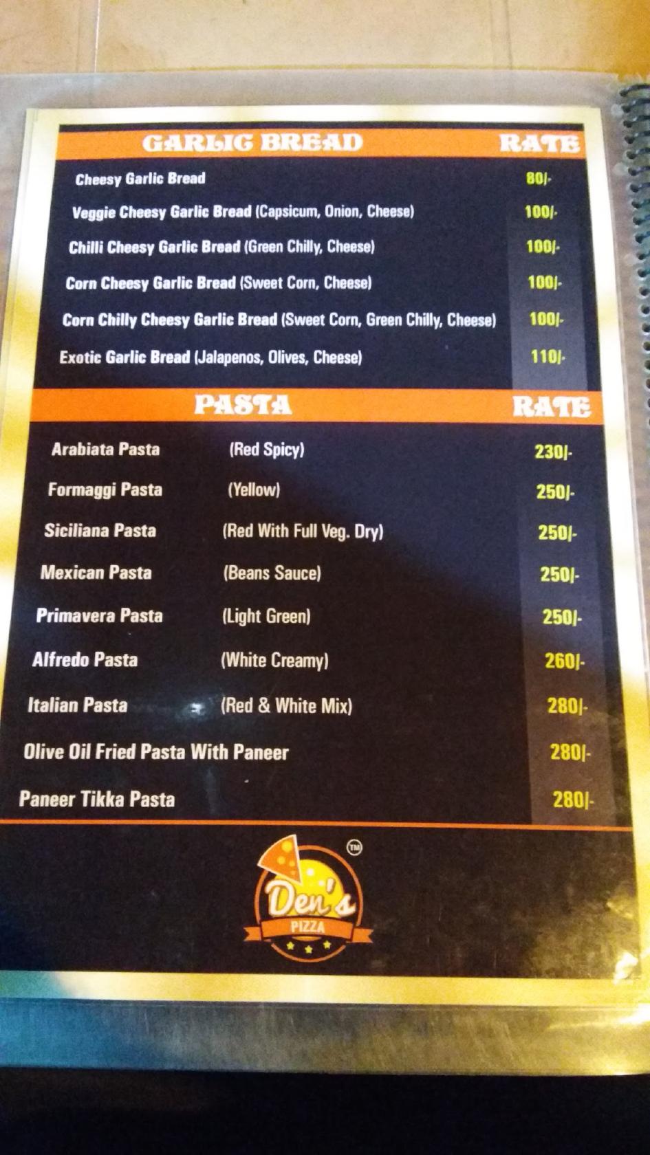 Menu at Den's Pizza Piplod, Surat