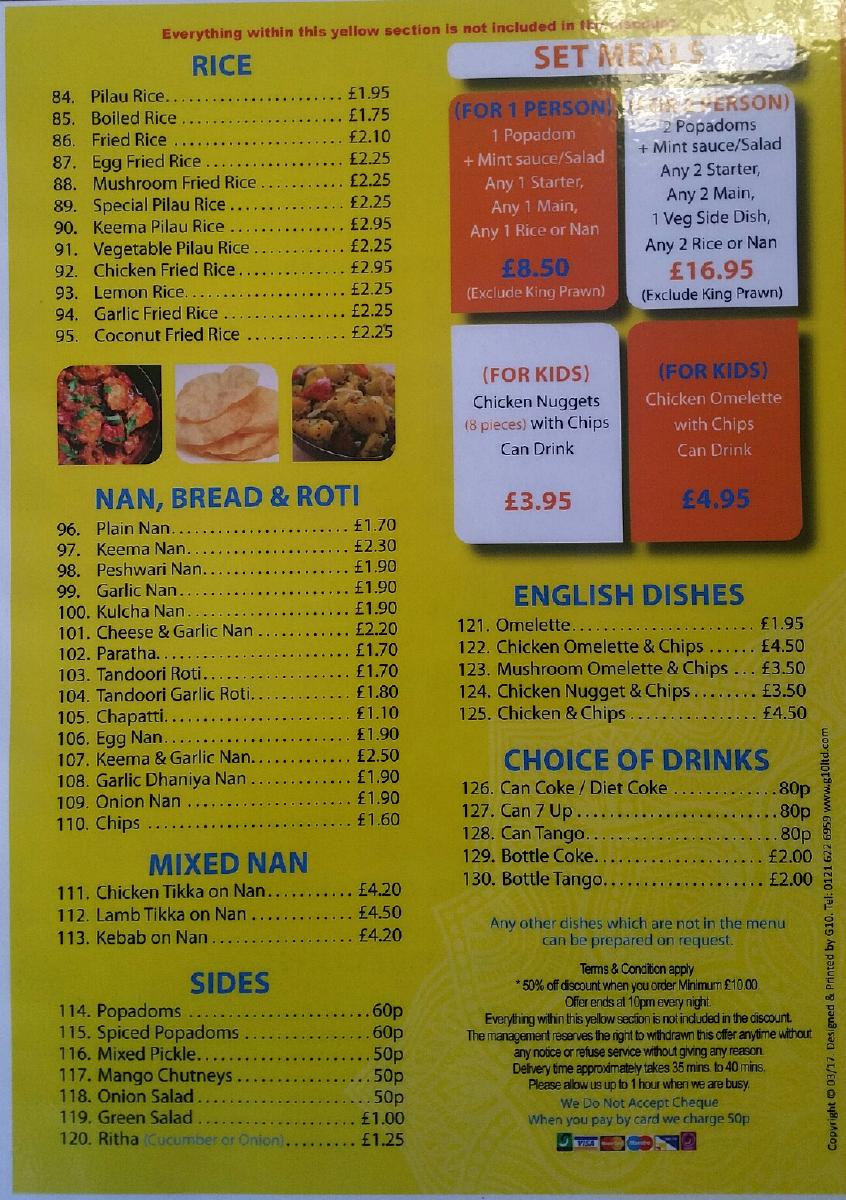 Menu at Indian Kitchen restaurant, Birmingham, 189 Gravelly Ln