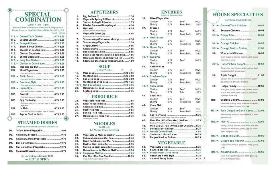 Menu at Chopstix restaurant, Raleigh