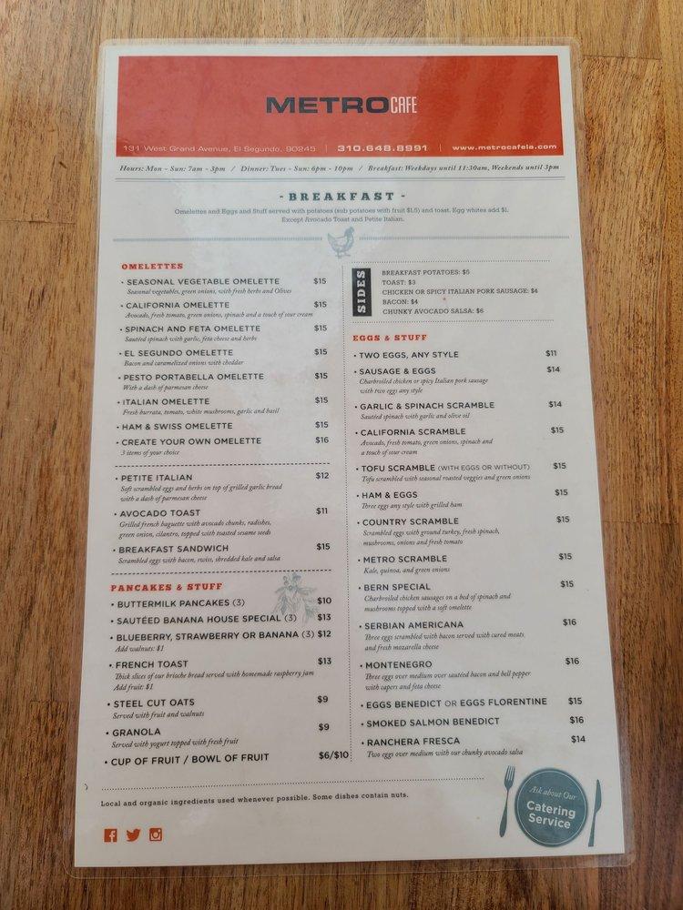 Menu at Metro Cafe, El Segundo