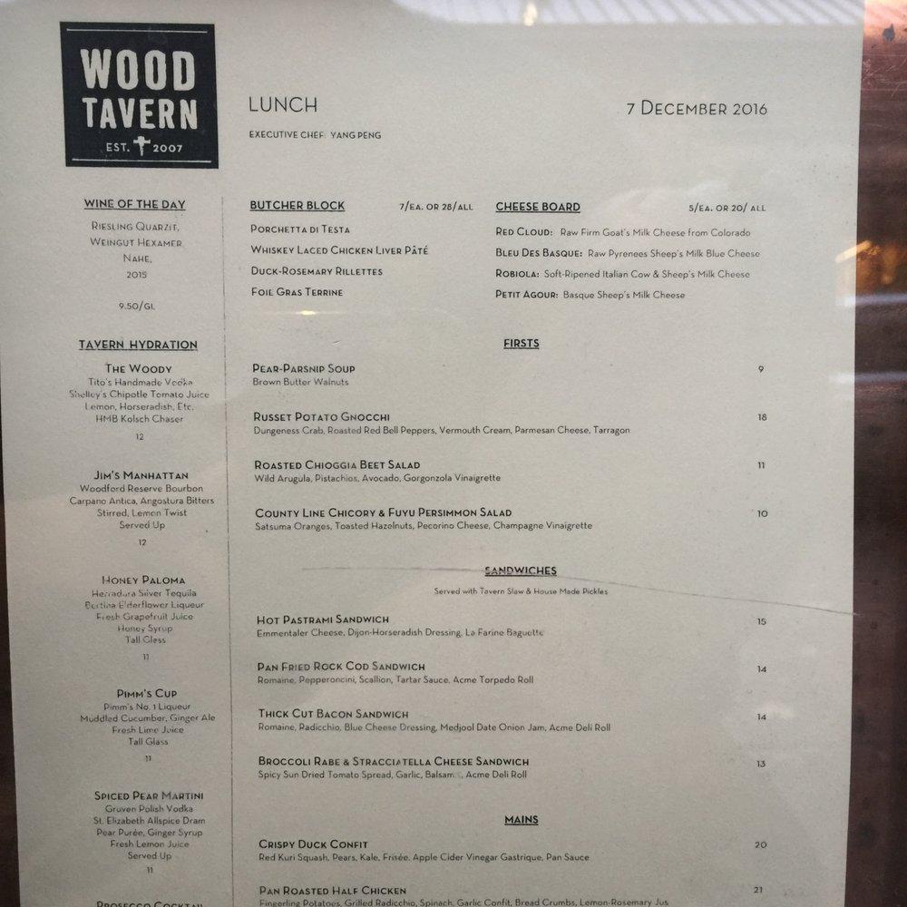 Menu at Wood Tavern restaurant, Oakland