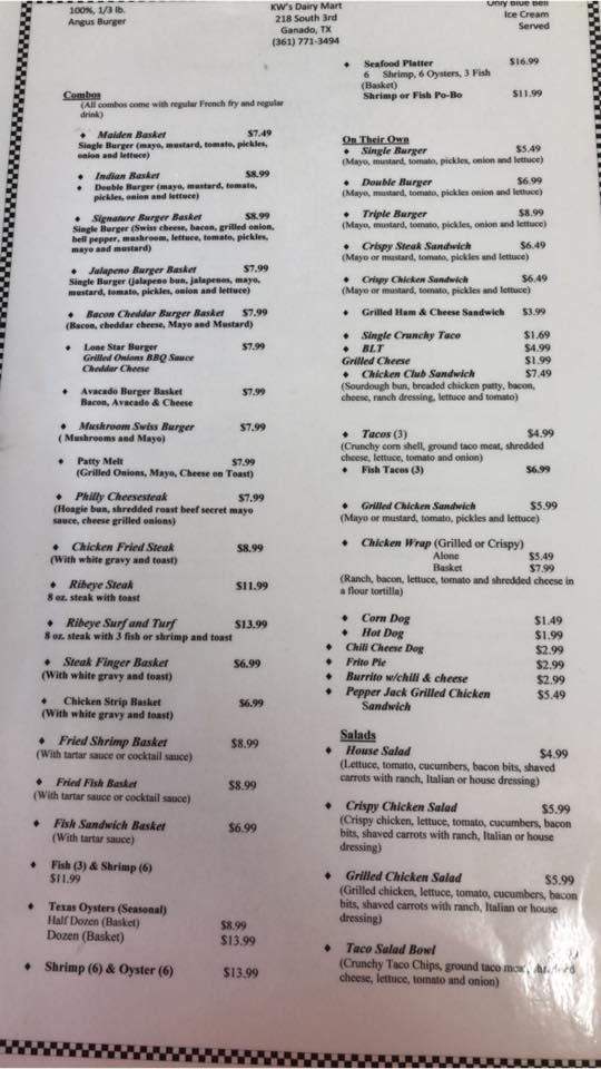 Menu at KW's Dairy Mart restaurant, Ganado