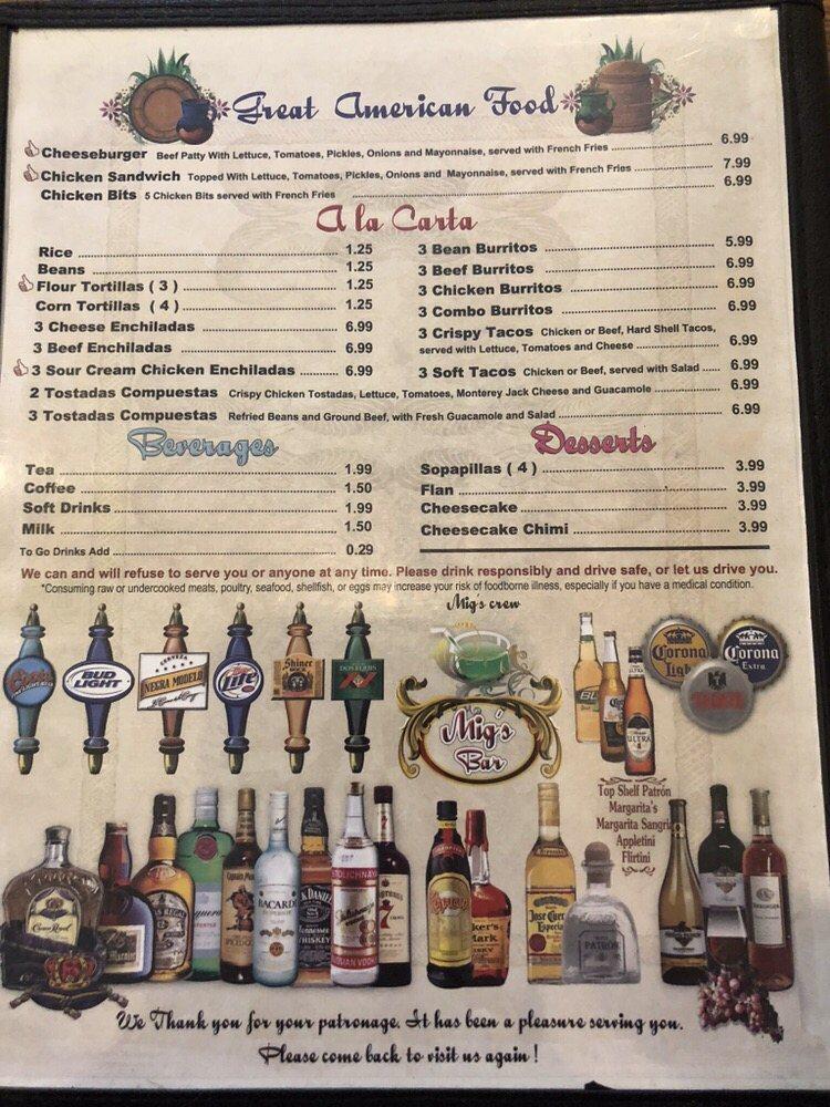 Menu at Miguelito's Mexican Restaurant, Sanger