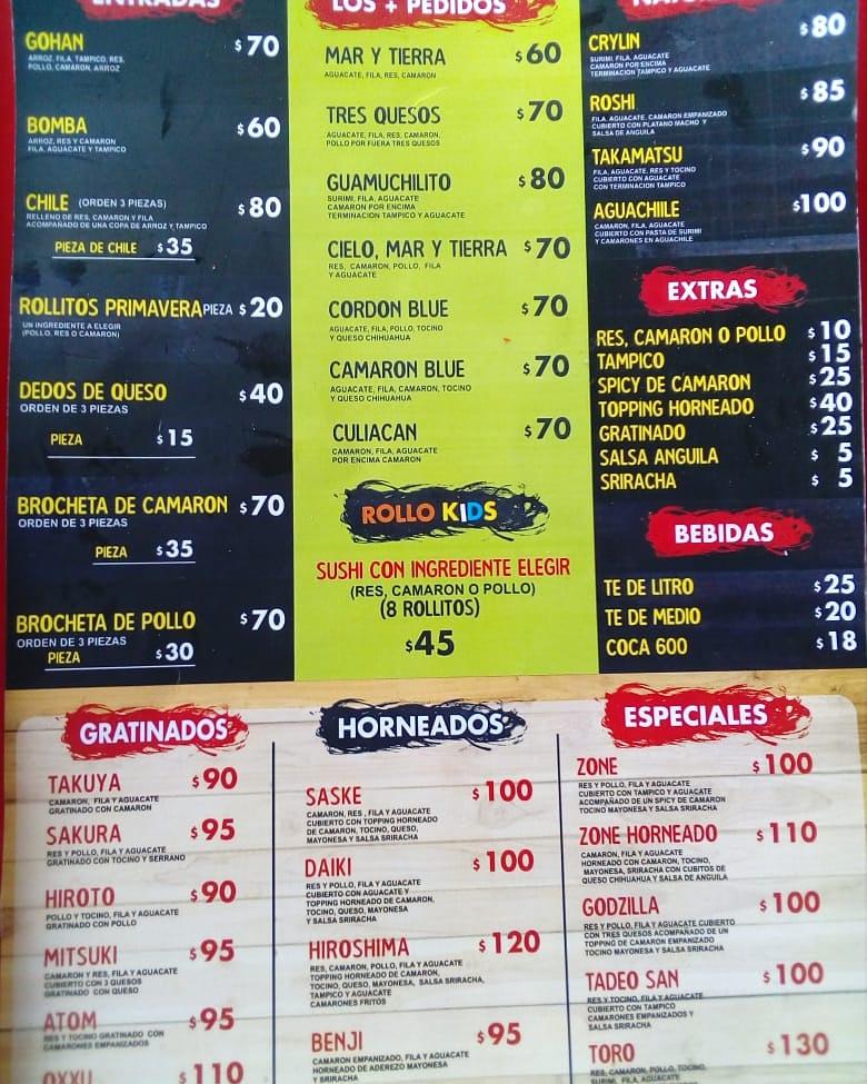 Menu at Sushi zone restaurant, Culiacán