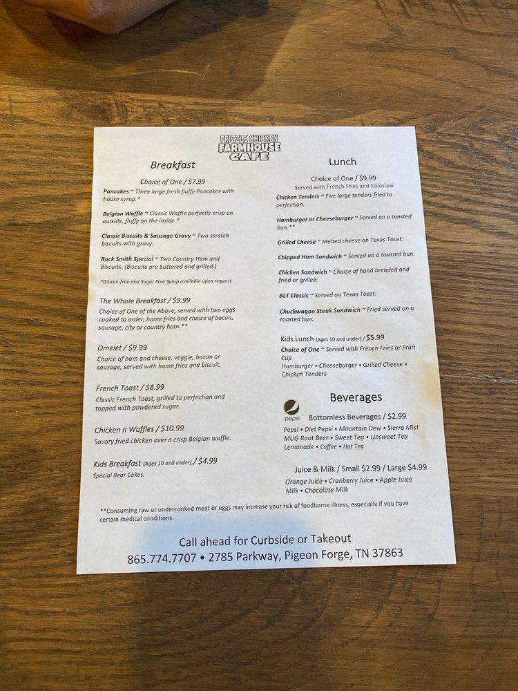 Menu at Frizzle Chicken Cafe, Pigeon