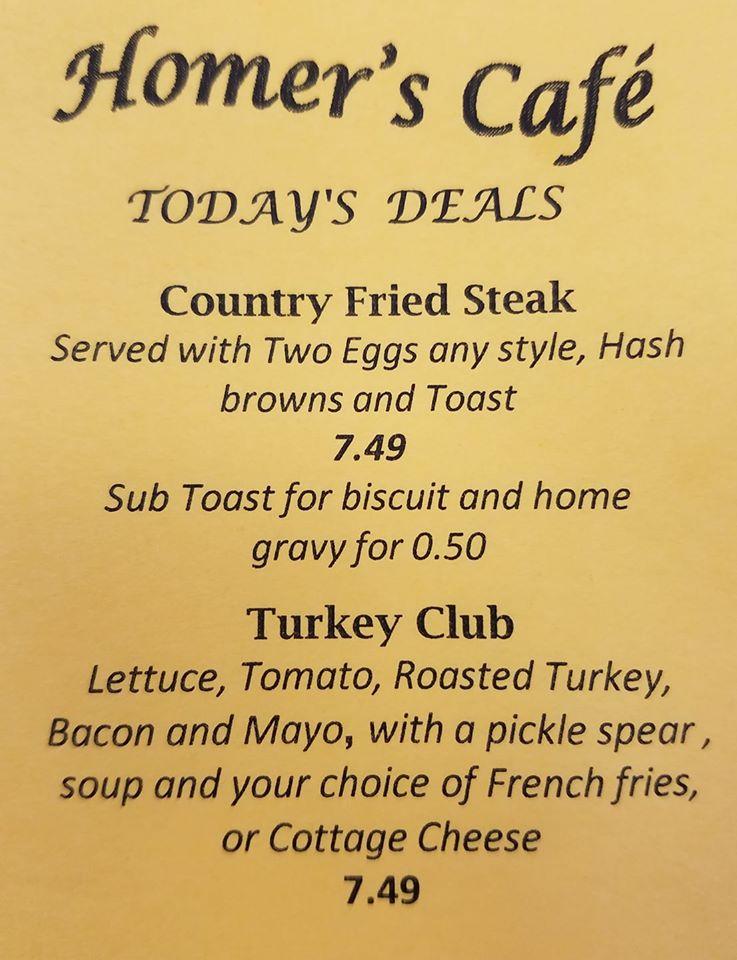 Menu at Homer's Cafe, Homer Glen