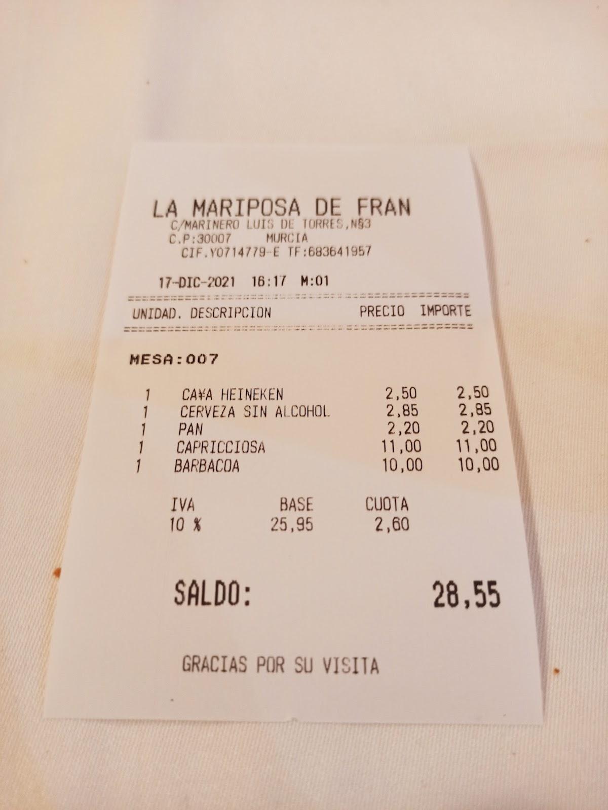Carta de Restaurante La Mariposa de Fran, Murcia