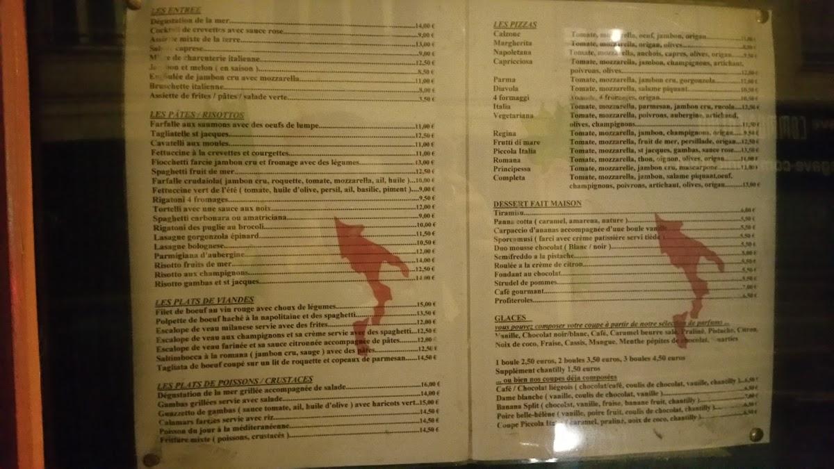 Menu at Piccola Italia restaurant, Nantes